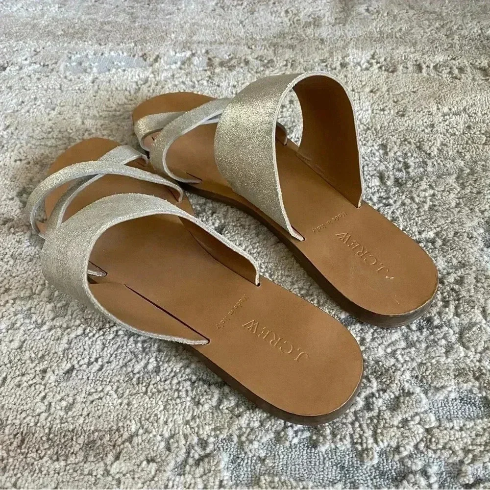 J. Crew Metallic Shimmer Gold Bali Glitter Leather Sandals Slides Flip Flops: 9